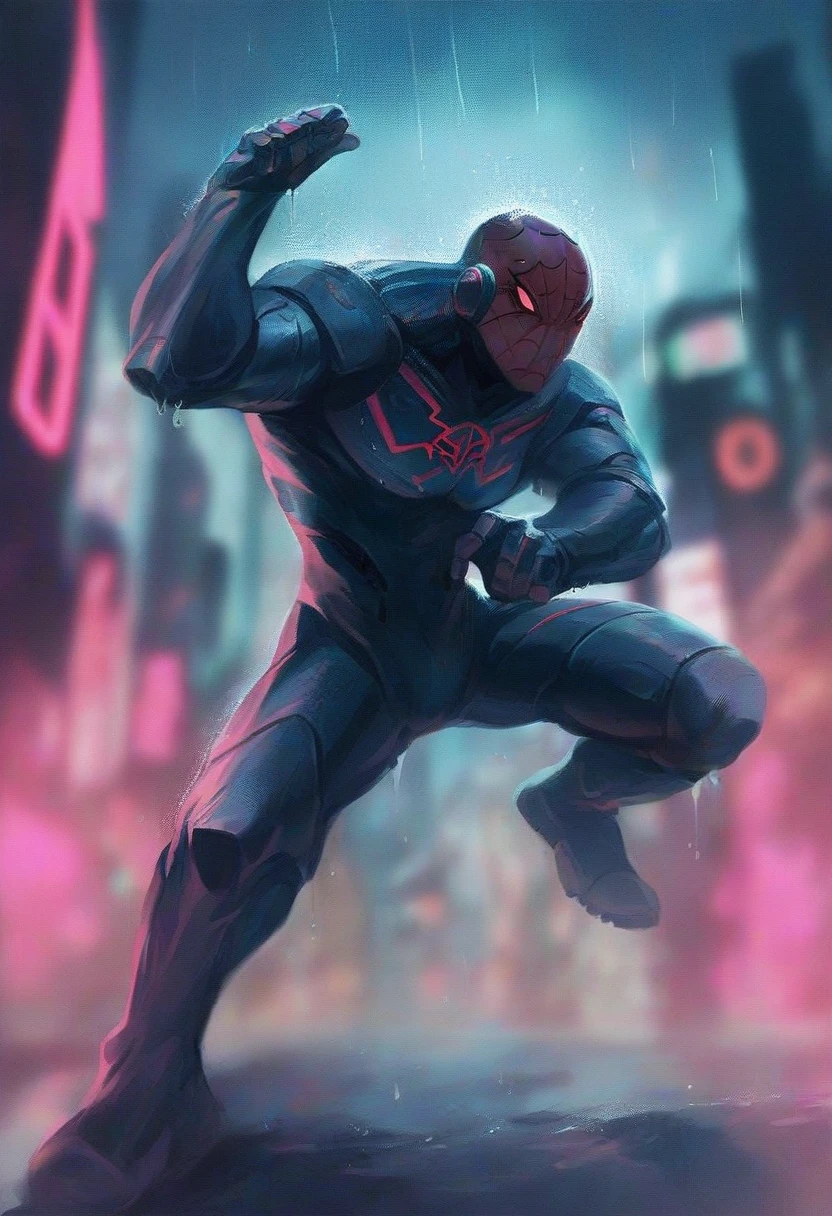 a spider - man is flying through the air with a red and blue background, miles morales!!!, miles morales, futuristic style spiderman, donald glover as miles morales, inspired by Ryan Stegman, symbiote, full samurai armor spiderman, by Ryan Stegman, red webs, profile pic, spiderverse, spider - verse art style, spider zero, venomized
