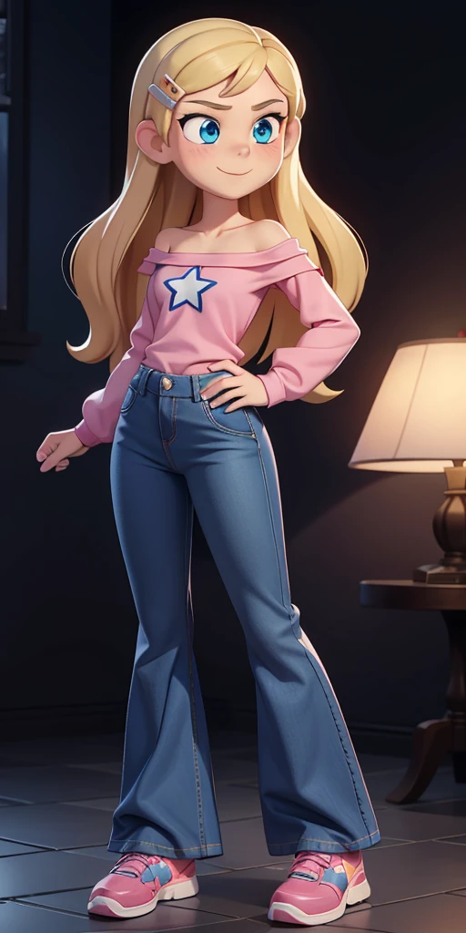 score_9, source_cartoon, 1girl, solo, Kelly Marra, looking very happy, looking very cute, long hair, blonde hair, cute blue eyes, hair ornament, hairclip, blue pants, white star (symbol) in the middle of the shirt, flare baggy blue pants(Wide flares on pants:1.2), pink sketchers shoes, Pink off shoulder t-shirt with white long sleeves,