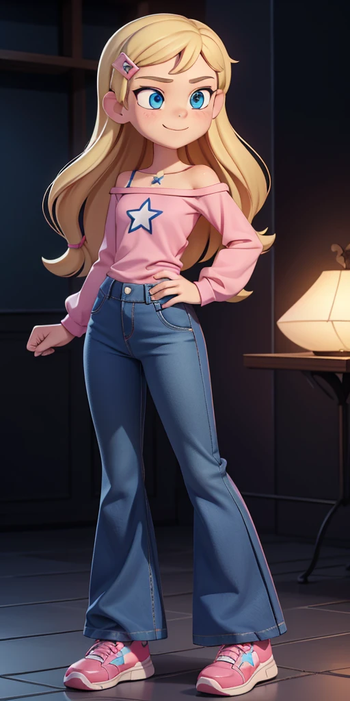 score_9, source_cartoon, 1girl, solo, Kelly Marra, looking very happy, looking very cute, long hair, blonde hair, cute blue eyes, hair ornament, hairclip, blue pants, white star (symbol) in the middle of the shirt, flare baggy blue pants(Wide flares on pants:1.2), pink sketchers shoes, Pink off shoulder t-shirt with white long sleeves,