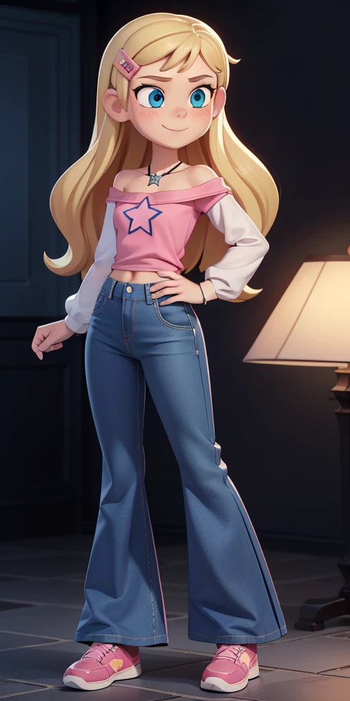 score_9, source_cartoon, 1girl, solo, Kelly Marra, looking very happy, looking very cute, long hair, blonde hair, cute blue eyes, hair ornament, hairclip, blue pants, white star (symbol) in the middle of the shirt, flare baggy blue pants(Wide flares on pants:1.2), pink sketchers shoes, Pink off shoulder t-shirt with white long sleeves,