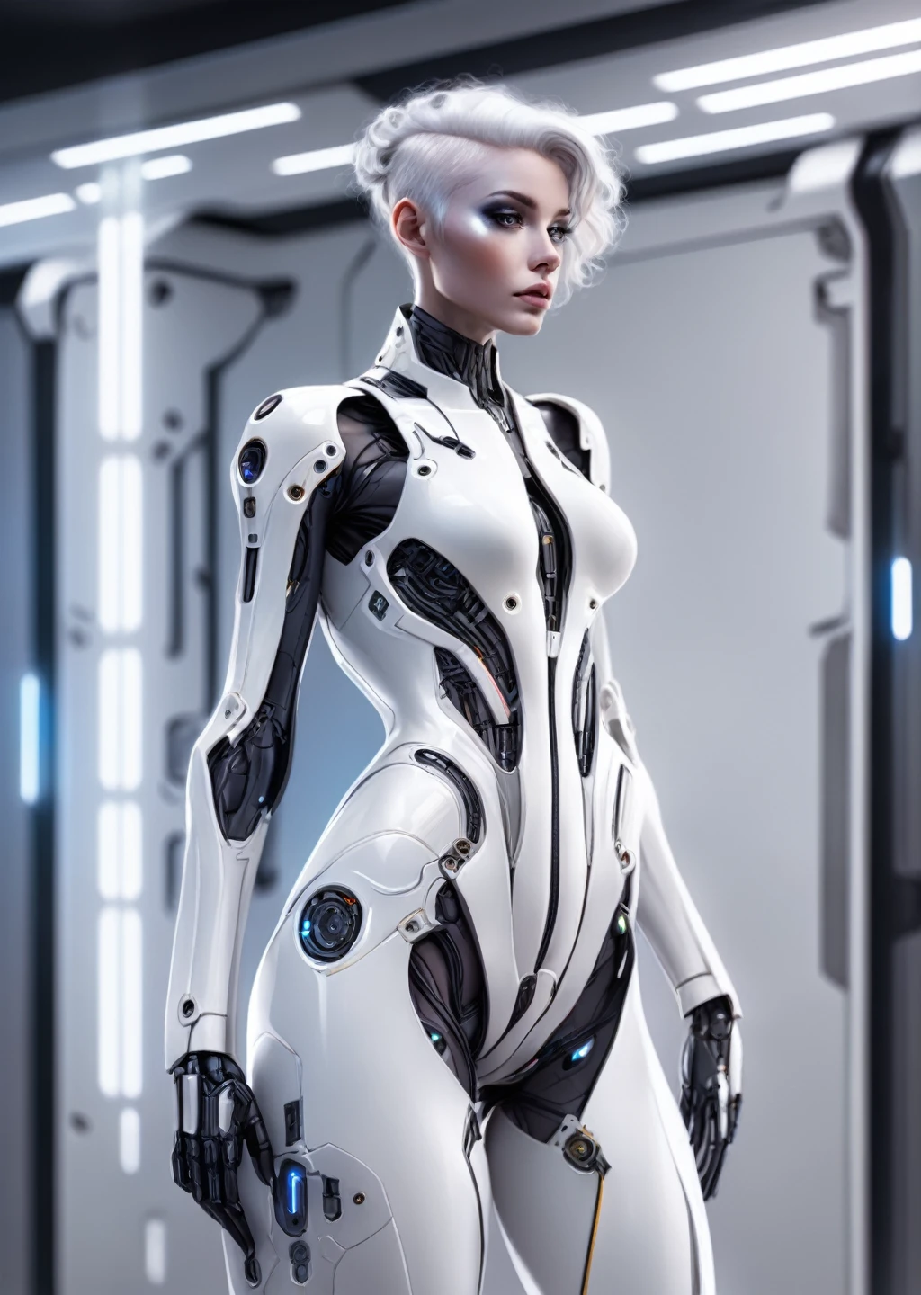 Ultra tall ultra beautiful future fashion tech woman, white body-skin, white latex bodysuit cover, futuristic mech body design skin, tech imbedded in body suit, standing in transporter holodeck, close full body shot, cowboy shot, sci fi pinup girl vibes, hyperdetailed, ultra detailed, 8k resolution,