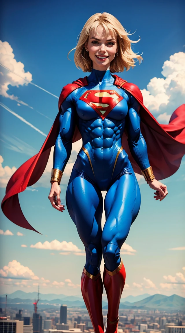 (Muscular:2.3), (thick thighs:1.9),
blonde female, (supergirl), (big smile:1.5), blunt bangs, (ponytail:0.7),
earrings, lipstick, eyeshadow,
hard nipples, large breasts,
(full body suit, blue bodysuit:1.8), (small cape:1.3),
looking at viewer, three quarter view, (upper body view:2),
(floating, in midair, sky and clouds background:1.3), rim lighting, two tone lighting, dim lighting, bokeh, detailed skin, detailed eyes