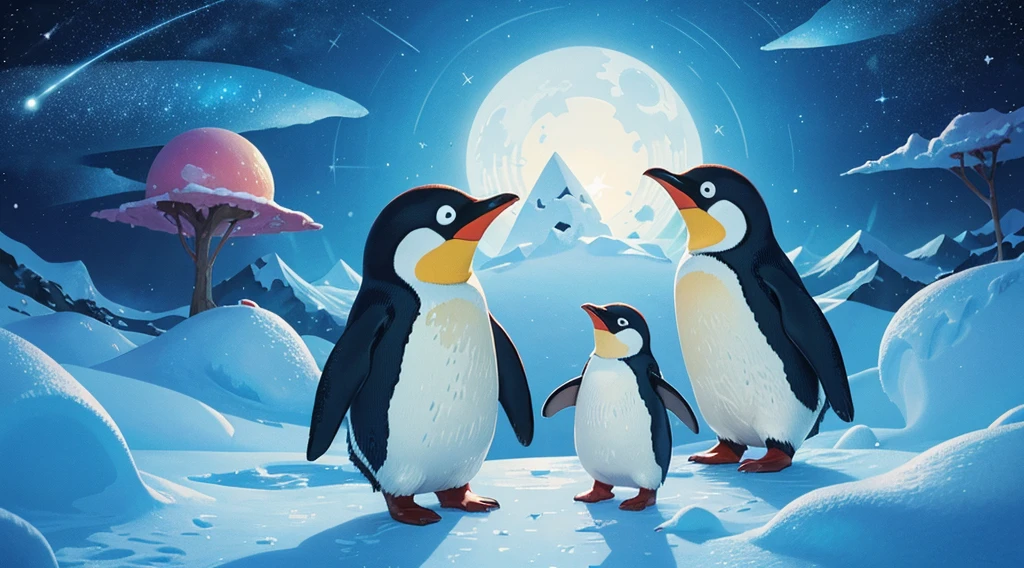 The world of picture books、Cute Penguin 、Antarctica Land，A starry sky（Variety of colors，Highest quality，More details More detailasterpiece，Folk crafts，Cinematic Lighting Effects，4K，Chiaroscuro）