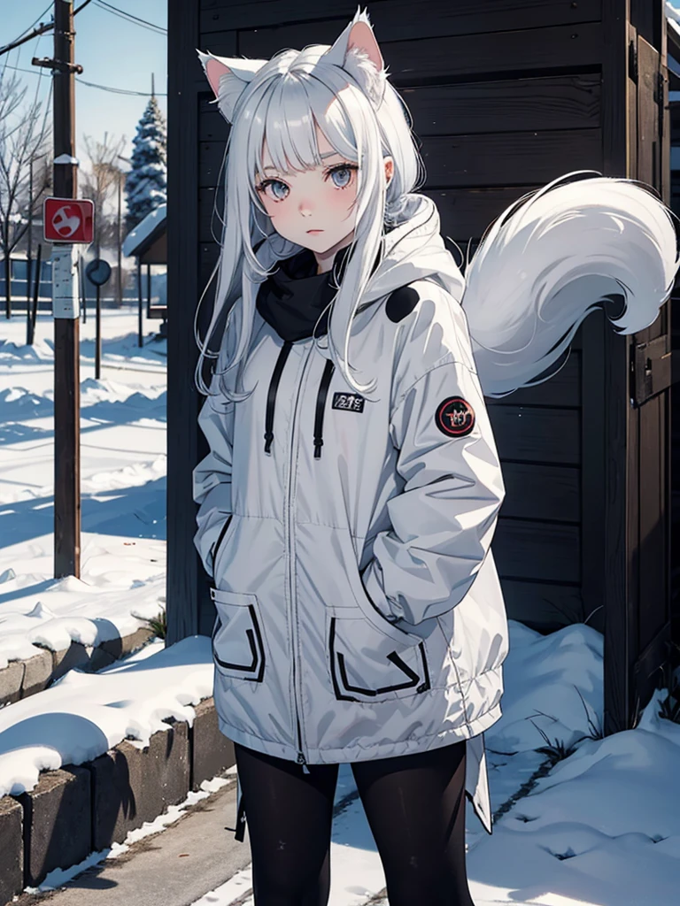 A small, feline-like girl, with pale skin, long white hair, a friendly face, gray eyes and cold-weather clothing, a fluffy, furry tail with black spots.