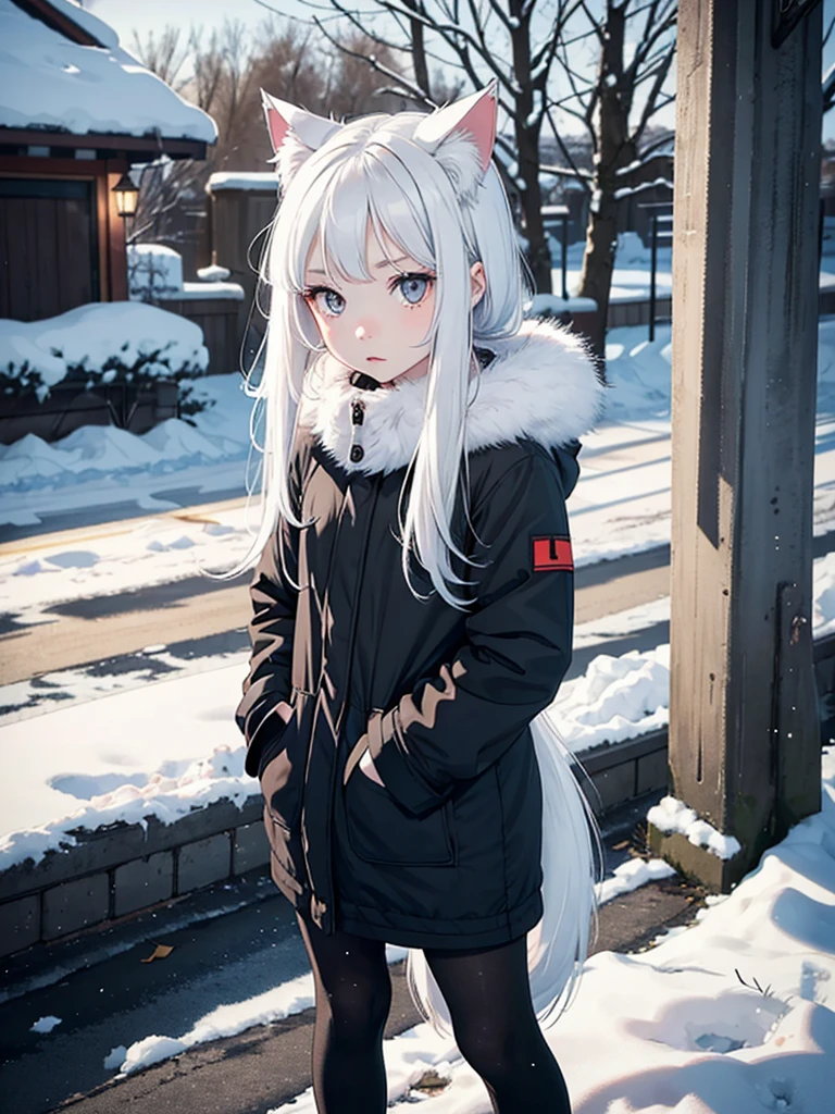 A small, feline-like girl, with pale skin, long white hair, a friendly face, gray eyes and cold-weather clothing, a fluffy, furry tail with black spots.