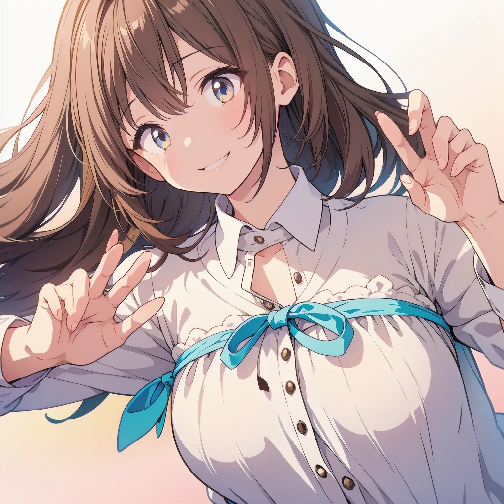 1girl、Big Peace Sign、Small breastsm、Simple Background、smile、