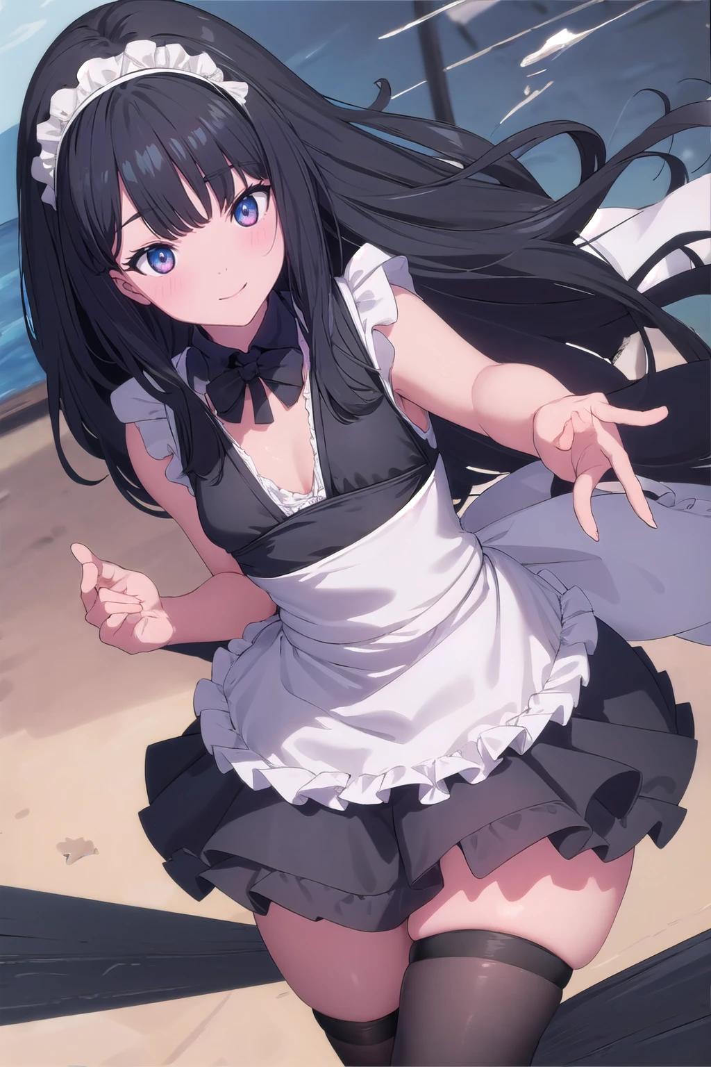 Black Skirt、Accentuated thighs、black tights、chest、Black Hair、1 Girl、Solo Girl、Thick thighs、hand on own chest、smile、maid costume