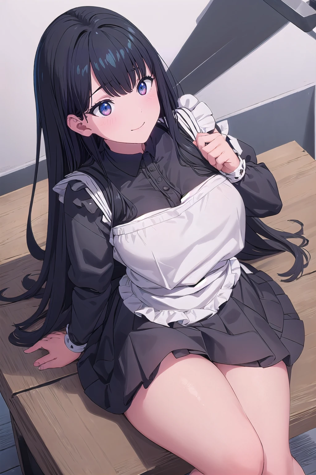 Black Skirt、Accentuated thighs、black tights、chest、Black Hair、1 Girl、Solo Girl、Thick thighs、hand on own chest、smile、maid costume