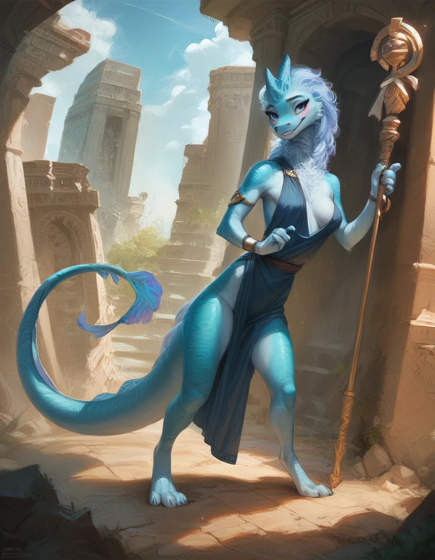 score_9, score_8_up, score_7_up, score_6_up, score_5_up, score_4_up, BREAK rating_questionable, source_furry,solo female, dragon sisu rald,posing sexy, furry, 1girl,anthro, detailed face, standing, (blue tunic, magic staff),(detailed blue eyes), female focus, solo, blush,smile, seductive, smile, medium breasts, eyelashes, eyelids, blue scales,blue fur, light beige fur, scale tail, two-tone body, two-tone scales,((ancient ruins, vegetation))