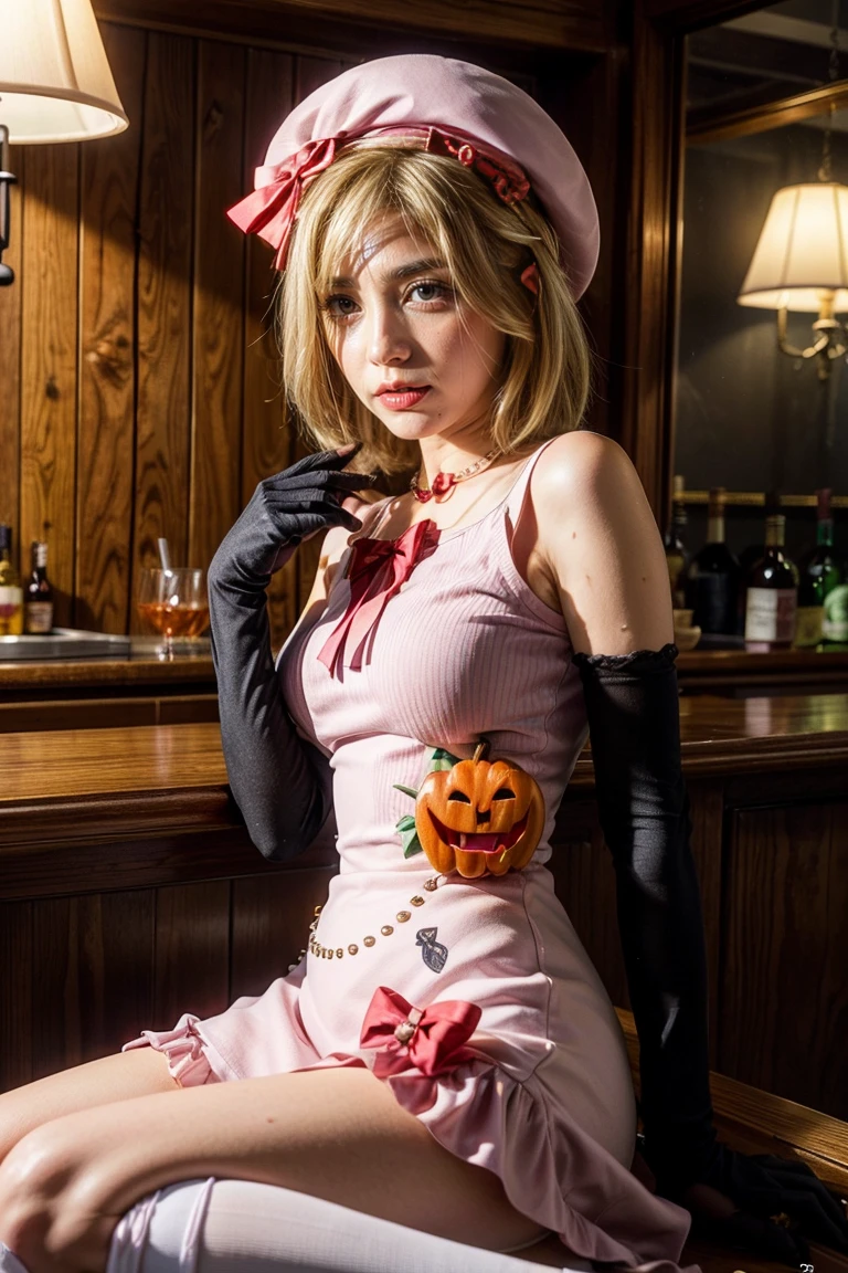 (1 lady), The beautiful, (Best quality at best:1.4), (ultra - detailed), (extremely detailed CG unified 8k wallpapers), gold blonde hair, very detailed, High-definition RAW color photo, professional photoshooting, amazing face and eyes, cosmetics, (amazingly beautiful girl), ((lambdadelta)), dress, shoes bow, red shoes, striped stockings, red bow, pink hat, necklace, gloves, pearl, pumpkin brooch, ((pink dress)), (Open-chested business shirt:1.2), sitted, (spread your legs), (Crotch is empty), clothes open,(Spread the shirt hugely:1.2),The skirt goes up to expose the buttocks,high waist thigh,show your legs,sexyposture,(Dark and stylish bar, drinks, lamp lights, lamp lights饰:1.3), (look from down)