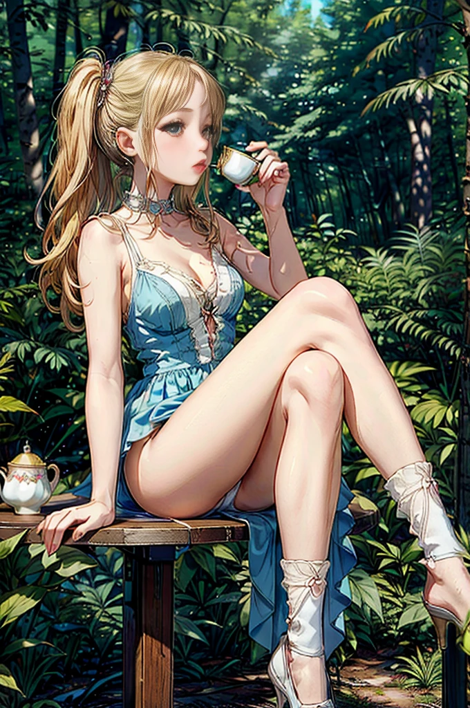 (masterpiece, best quality, fairy tale illustration:1.2), intricate details, 1girl, 25 years old Alice in Wonderland clothes, blue sleeveless dress, skinny, blonde hair, pigtails, blonde pigtails, open legs, tight panties, camel toes, black and white knee socks, ((sitting at a table in a forest, daytime)), ((drinking tea from a white porcelain cup)), 3/4 view, closeup