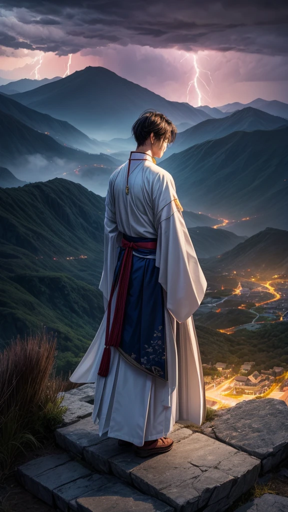 A man in Hanfu standing on a mountain,Looking down,Thunder and lightning,Stormy weather,Spectacular,Shock。