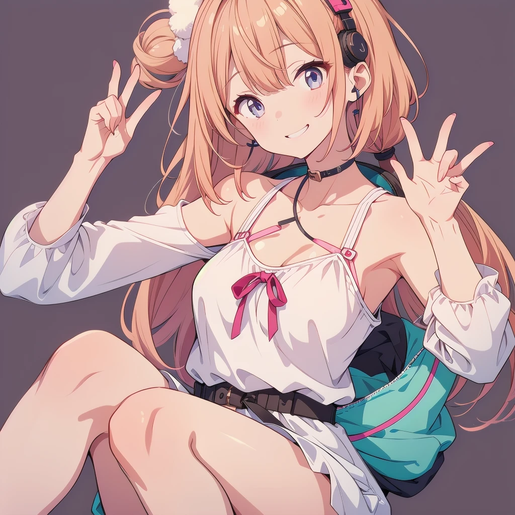 1girl、Big Peace Sign、Small breastsm、Simple Background、smile、headphone、