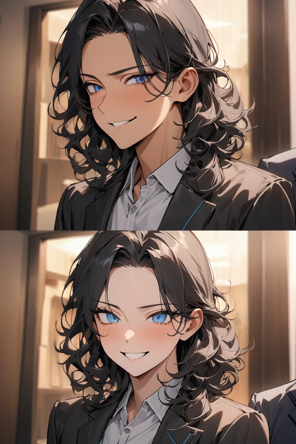 (( straight face picture )) ((best quality)), (Masterpiece)), (details), ( Beautiful colors ) ( ornamentation )( man ) ,doctorหนุ่ม , Tanned skin , black hair,blue eyes ,Shoulder-length hair ,Slightly curly hair , open forehead , suit ,doctor , smile






