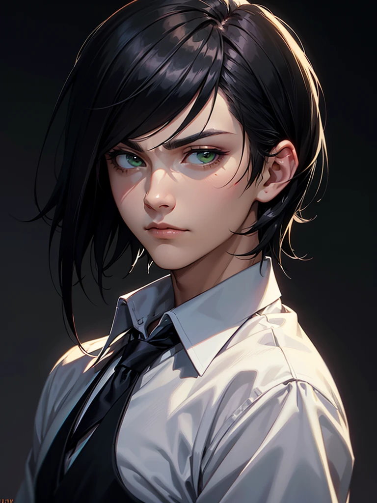 ((Portrait Photo)), He has a Youthful and Nonchalant Black-Haired Appearance, with a Slim Build and Calm Demeanor. He Expresses an Indifferent and Lazy Look, Giving Off a Serene Glint. He has Light Green Eyes, and His Hair is Short, Black and Tousled, with Strands Falling Around His Face. He Wears Simple, Urban Clothing, with a Casual White Button-Down Shirt, Accompanied by a Black Vest. ((Portrait Photo, HDR, Dark Background))