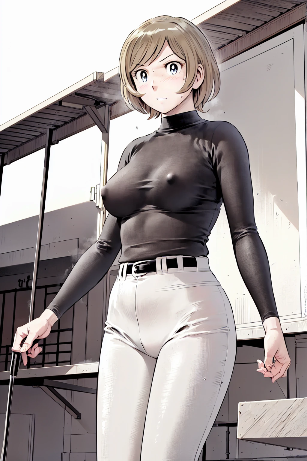 (野球uniform:1.2),
Blonde, (short hair:1.2),Long sleeve, Black Shirt, turtleneck,White trousers、uniform、Black belt、((Illustration of a person))、big 、
View your viewers,, (Highest quality:1.3),One Girl, White pants、uniform、Outdoor、baseball ground、ground、soil、blue eyes、Tight black shirt、(masterpiece、Highest quality)、Highest quality, Ultra-high resolution, (((masterpiece))), alone, Sweat、big eyes、big Breasts、Torn clothes、 fully exposed、Nipples、One Girl, Front view、Embarrassed face、Bronze colored hair、((short hair))、Stand up straight、Cowboy Shot