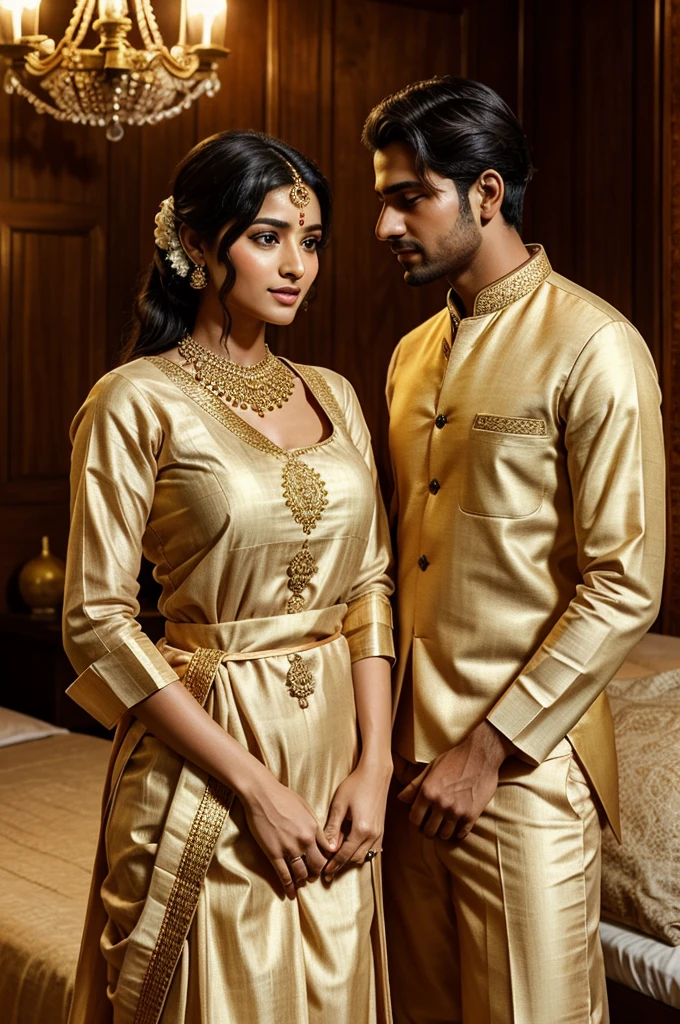 A couple dressed in traditional attire is embracing intimately in a softly lit room. The woman wears a golden saree with gold accents, and the man wears a matching pink kurta with beige pants. They stand close, with the woman resting her head on the man's shoulder, and the man holding her waist gently. The background features ornately carved wooden walls and soft pillows on a bed. The overall ambiance is warm and romantic.