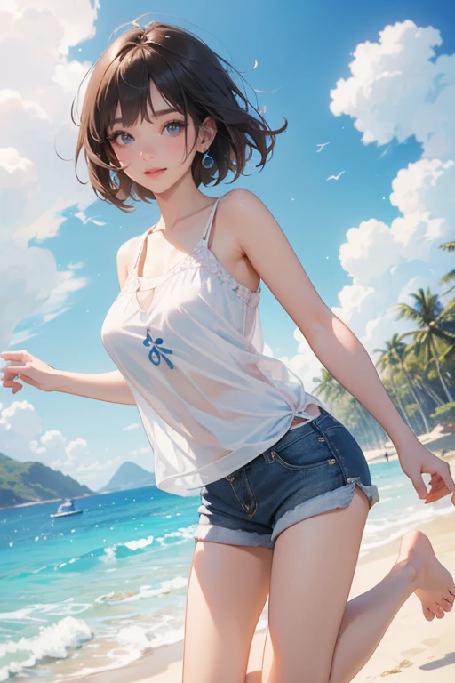 最high quality , high quality , High resolution , Detailed CG , high school girl , short hair , School Swimsuit , slender , Modest chest , Beautiful small hips , Black Hair , Two limbs , Optimal ratio , Embarrassed expression , Burning cheeks , Sea of night , Rocky reefs , A place without people , Nipples are visible , touching one's own breasts with one's own hands , facial expression during orgasm , Hiding in the shadows