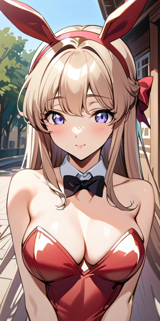 ((Highest quality、、masterpiece:1.3)), Upper Body、Long legs、Sharp focus:1.2, Beautiful woman with perfect figure:1.4、(Smiling:1.2), double eyelid、30-year-old female、Sexy pose、((((Close your mouth、One Woman、Bunny girl,Outdoor))))