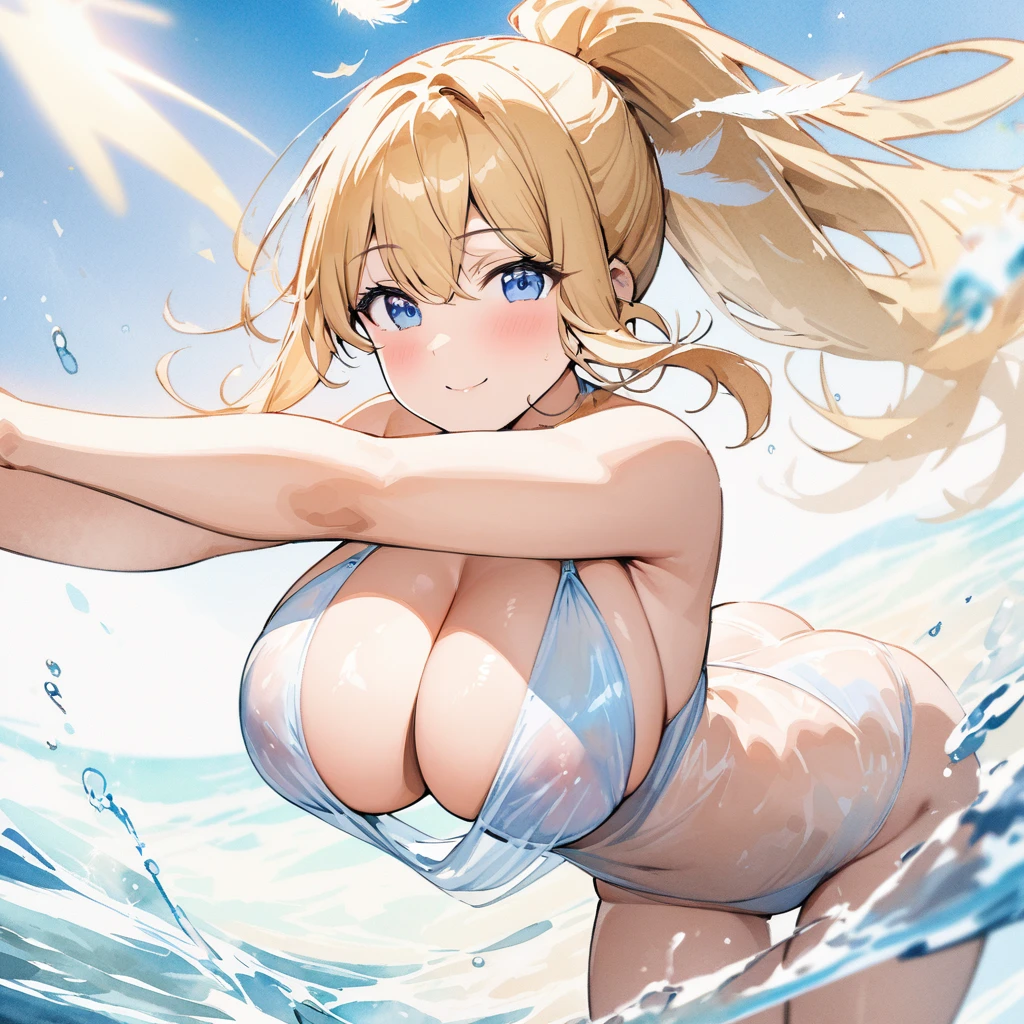 Top quality, masterpiece, watercolor style, female, big breasts, underboob, ponytail, blonde hair, blue eyes, transparent feathers, transparent tulle swimsuit that allows light to shine through, spectacular splashes of water, sea of galaxies, sea of stars, arms spread out Close-up of running pose, smile, whole body