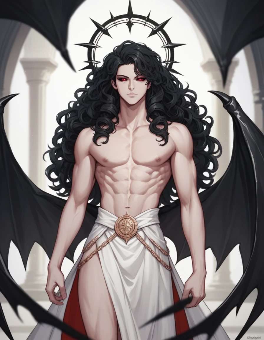 Solo, Score_9, score_8_up, score_7_up, a tall slender male, white demon wings, curly hair, black hair, black sclera, red eyes, Greek statue aesthetic, posing gracefully, majestic pose, body skimpily covered by white cloths, a black halo over his head