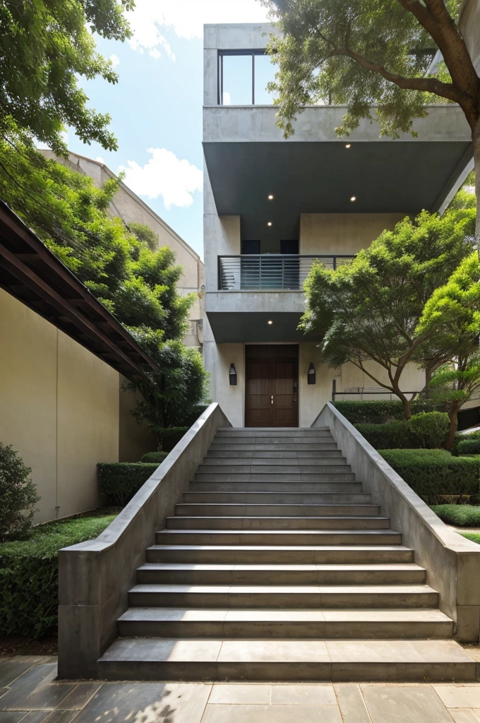 A clg enterance without the structure visible
22 stairs with a midlanding
Almost 17 ft wide
With walls and a canopy
Straight flight