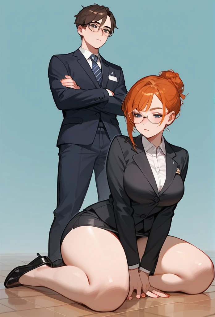 pale adult woman, large breasts, very thick thighs, wide hips, short ginger hair in a sleek hairbun, glasses, tight black blazer, tight black pencil skirt, thick thighs pressed together, wearing small black high heels, bored expression, strict teacher, facing forward, standing, legs and feet in the photo, crossing arms under her chest, brown haired male student is kneeling on the floor in front of the woman, in front of her feet, woman is looking down at male student, male student is worshipping her feet as she’s standing over him