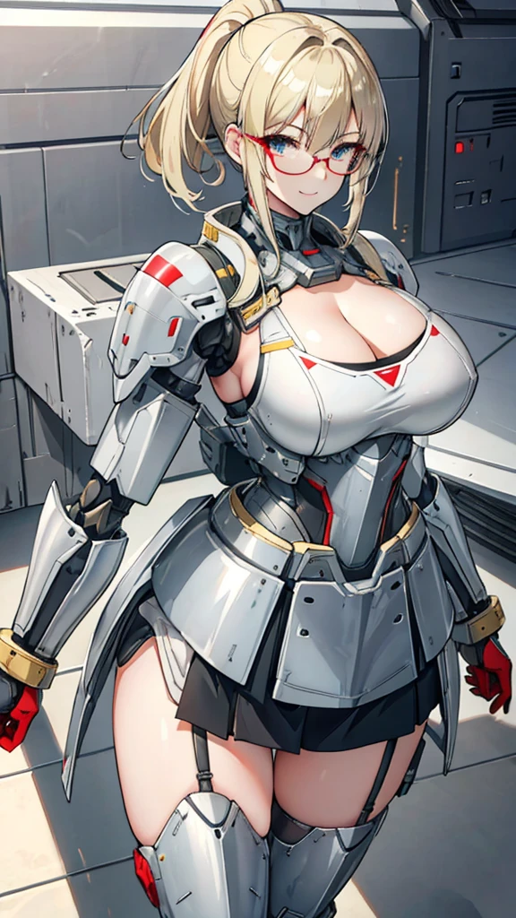 Gray translucent armor，Arm mecha，blonde short hair，Long ponytail hairstyle，Large Breasts，Cleavage，Pistol hanging from waist，fighter pilot，fighter hangar，Sexy，Lipstick，miss，Golden Eyes，stockings，Short skirt，Smile，red glasses