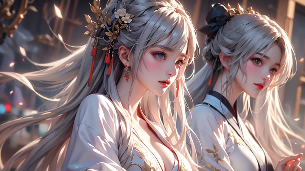 super high quality, masterpiece, Perfect illustration, Very detailed (Exquisite light and shadow, Very dramatic photo,Backlight) , ((Gray Hair:1.5))1 Girl,(( alone:1.6)), (Wearing Han clothes, Black and white Hanfu,Monotony,Long sleeve) (White smoke:1.3) (Realistic:1.4), Official Art, unity 8k wallpaper, Very detailed, Beautiful and beautiful, masterpiece, Highest quality, (Dynamic Angle: 1.4), Glowing Skin, (Floating colorful flashes: 1) The most beautiful chaotic shapes, elegant, Brutalist Design, Bright colors, Romantic Depth of Field Exotic_dance, half_naked、Expose your shoulders、Ample breasts、Great cleavage、