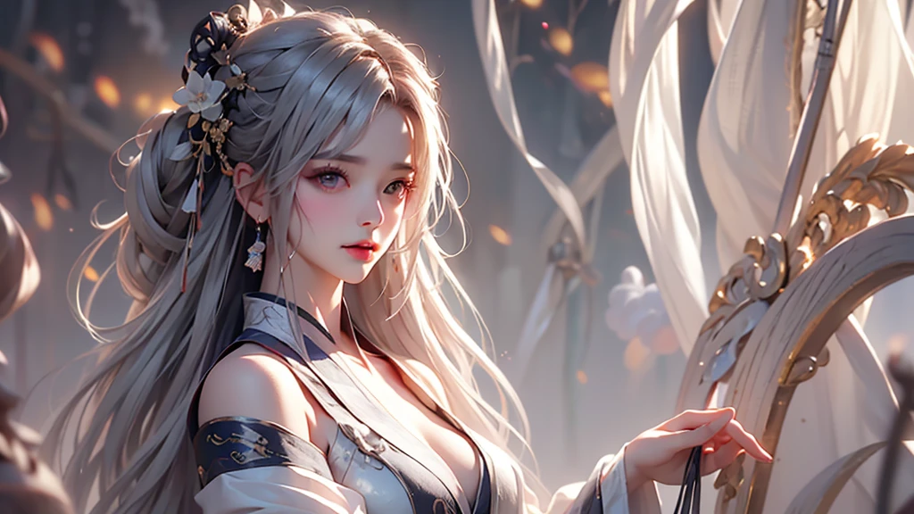 super high quality, masterpiece, Perfect illustration, Very detailed (Exquisite light and shadow, Very dramatic photo,Backlight) , ((Gray Hair:1.5))1 Girl,(( alone:1.6)), (Wearing Han clothes, Black and white Hanfu,Monotony,Long sleeve)  (White smoke:1.3) (Realistic:1.4), Official Art, unity 8k wallpaper, Very detailed, Beautiful and beautiful, masterpiece, Highest quality, (Dynamic Angle: 1.4), Glowing Skin, (Floating colorful flashes: 1) The most beautiful chaotic shapes, elegant, Brutalist Design, Bright colors, Romantic Depth of Field Exotic_dance, half_naked、Expose your shoulders、Ample breasts、Great cleavage、
