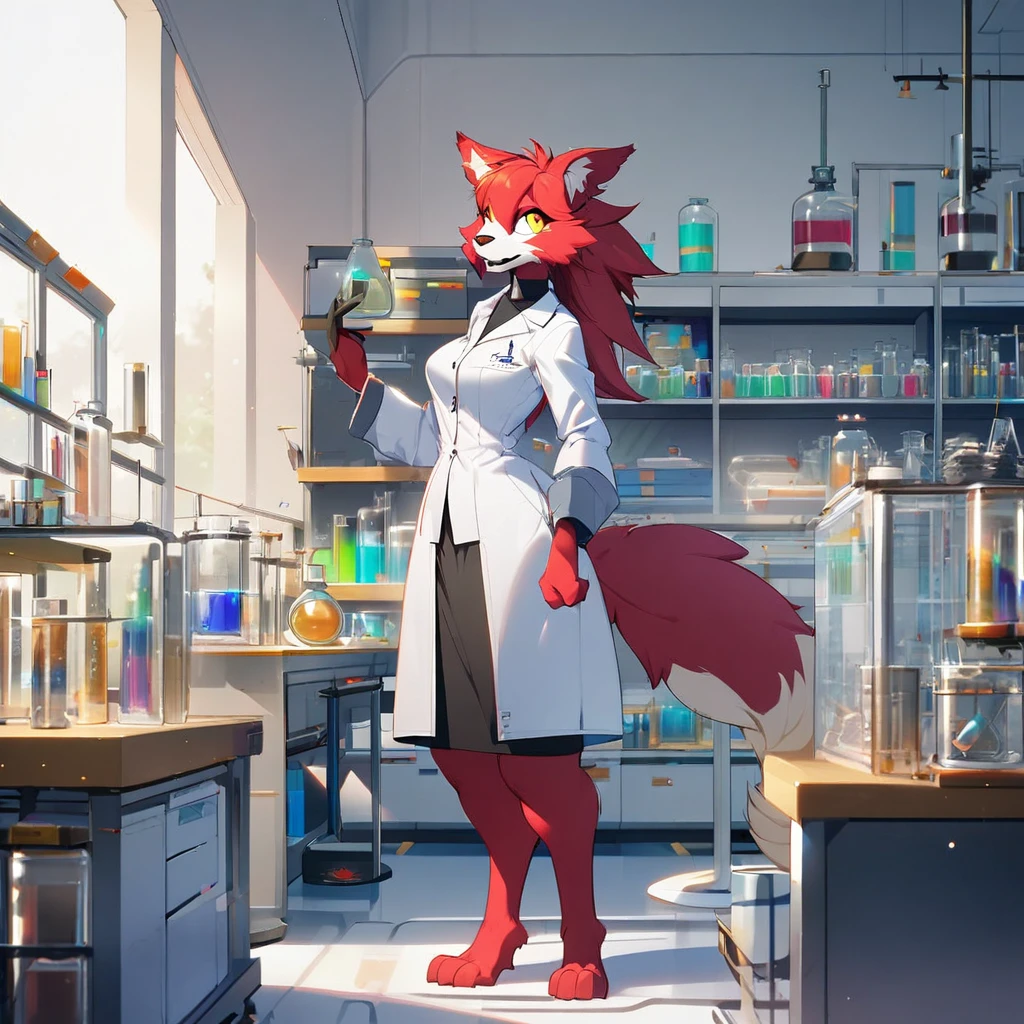 1girl,solo,furry, furry_female,Mature female,red hair,Yellow eyes,tall person,tall stature,slender,researcher,laboratory,wearing a white coat,looking at viewer,near,standing up,