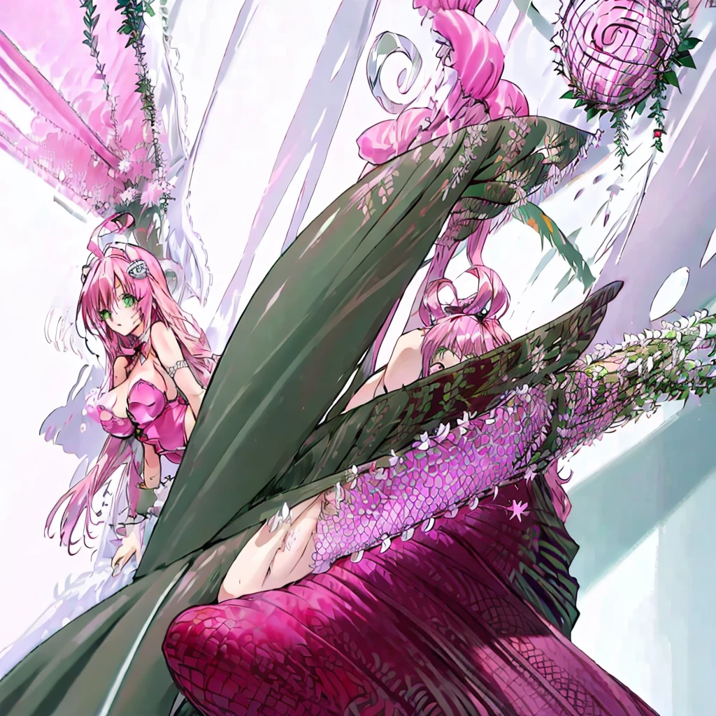 masterpiece, Highest quality, High resolution, anxiety, Long Hair, Ahoge, hair ornaments, Green Eyes,Pink Hair, , (((Huge breasts))), ,,The audience watching,indoor,,Maid clothes,Cleavage