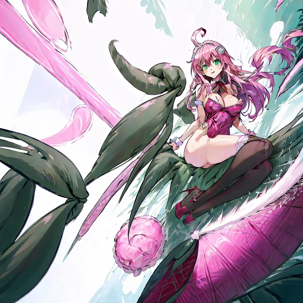 masterpiece, Highest quality, High resolution, anxiety, Long Hair, Ahoge, hair ornaments, Green Eyes,Pink Hair, , (((Huge breasts))), ,,The audience watching,indoor,,Maid clothes,Cleavage