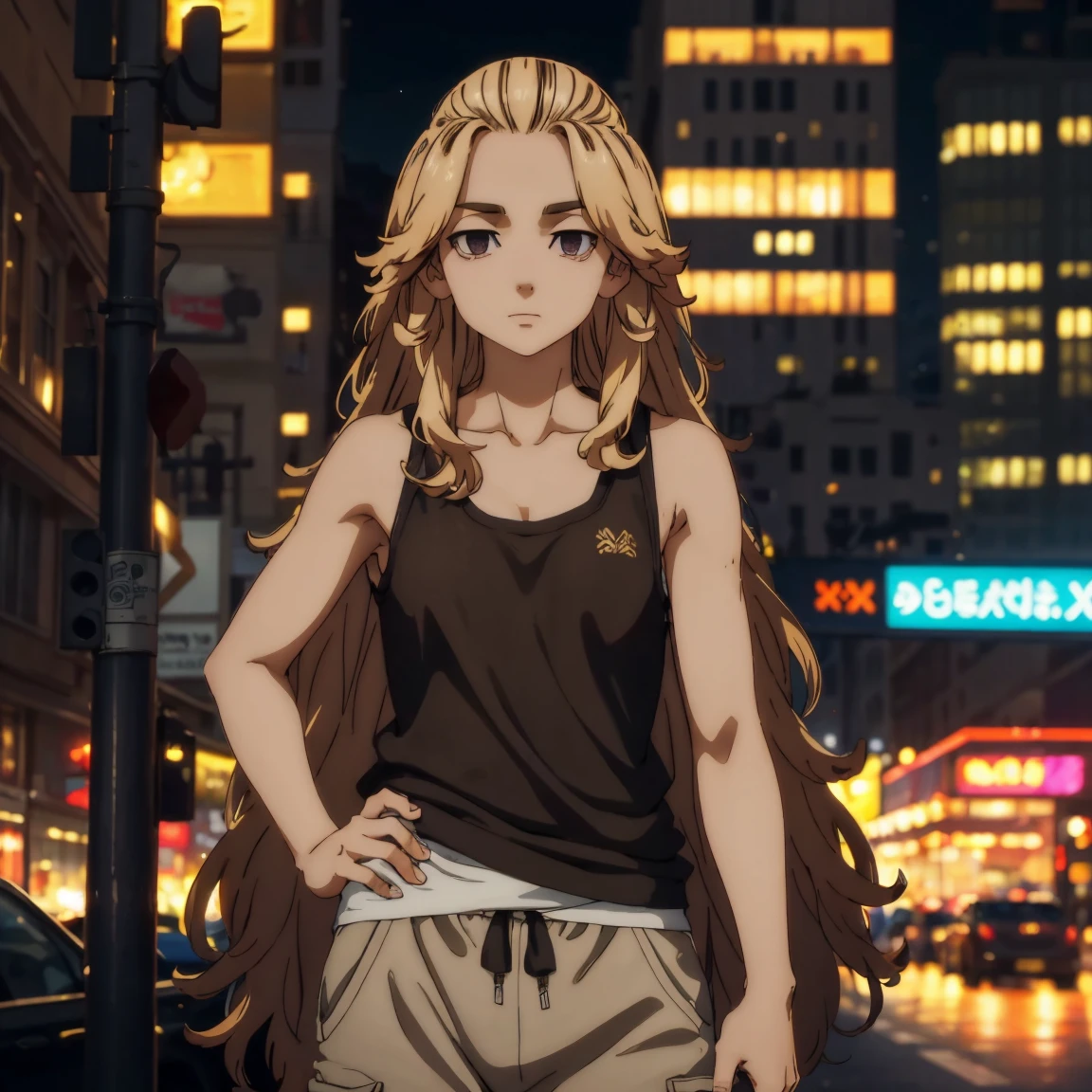 a  girl with long wavy brown hair, brown eyes, wearing a tanktop and sweatpants, In a city at night, the city is full of lights, and he has a calm face