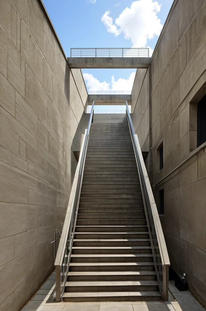 A clg enterance without the structure visible
22 stairs with a midlanding
Almost 17 ft wide
With walls and a canopy
Straight flight