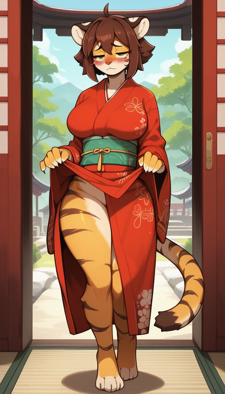 Half-closed eyes, tired expression, 1girl, anthro, furry, fur, fluffy fur, tiger girl, japanese temple background, brown hair, green eyes, short hair, full body, (19 years), big breast, thicc thighs, solo, (japanese temple), half-closed eyes, standing, detailed, red kimono, skirt lift, blush, shy, score_9, score_8_up, score_7_up, score_6_up, score_5_up, score_4_up