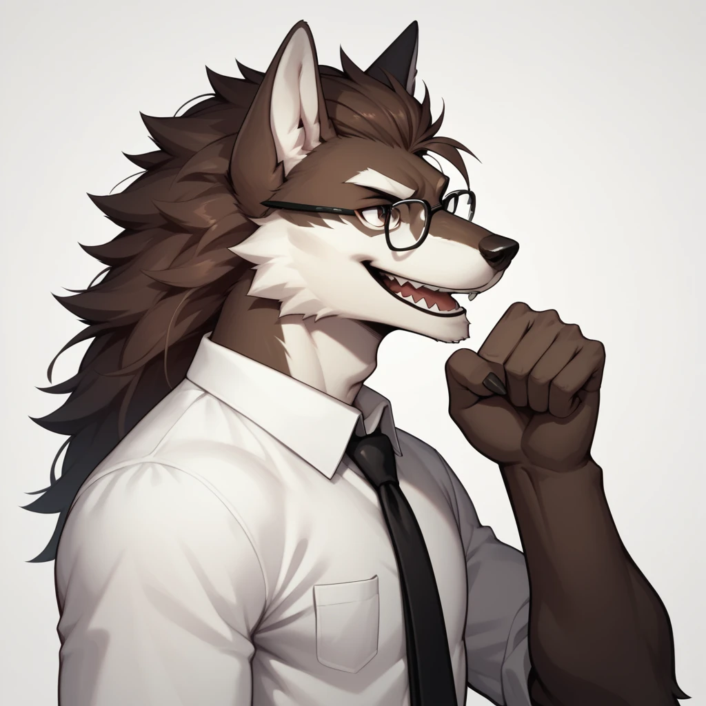 score_9,score_8_up,score_7_up, an Anthro furry male wolf, Tall and slender, shortdark brown shaggy hair, brown eyes, black thick rim glasses, wearing white button up shirt, black tie, black slacks, simple white background, big smile, mouth open, lookin triumphant, holding up a fist, dynamic action, furrowed eyebrows, looking up, side view, 