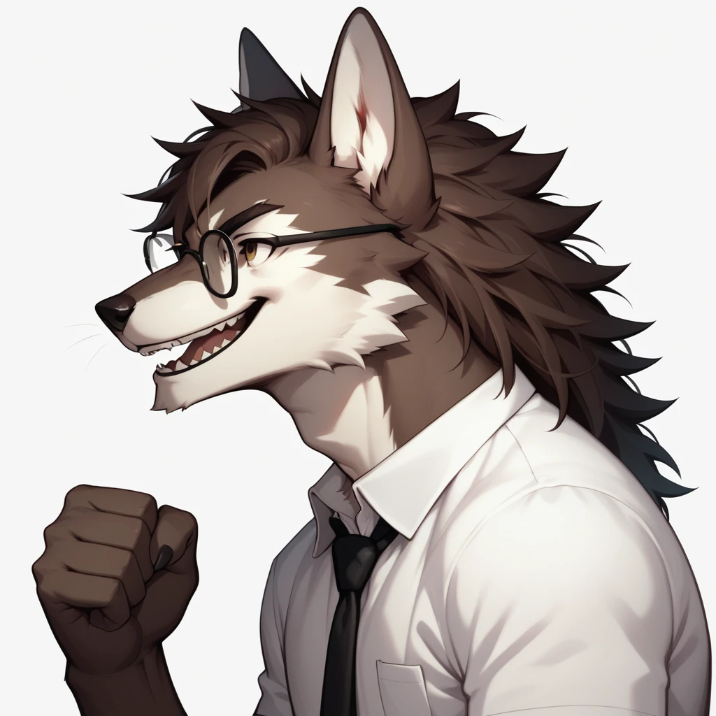 score_9,score_8_up,score_7_up, an Anthro furry male wolf, Tall and slender, shortdark brown shaggy hair, brown eyes, black thick rim glasses, wearing white button up shirt, black tie, black slacks, simple white background, big smile, mouth open, lookin triumphant, holding up a fist, dynamic action, furrowed eyebrows, looking up, side view, 