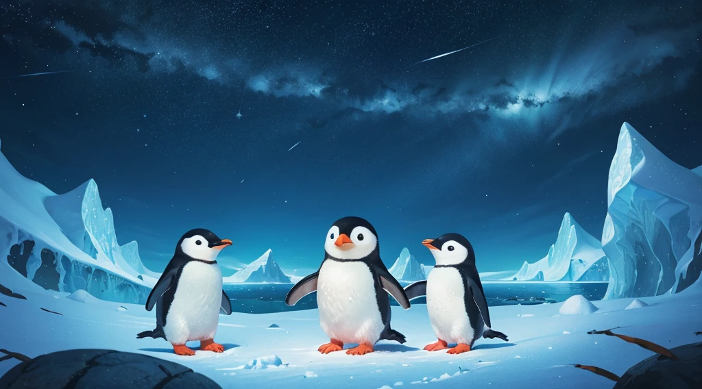 The world of picture books、Cute baby penguin and his friend penguin、Antarctica Land,A starry sky(Variety of colors,Highest quality,More details More detailasterpiece,Folk crafts,Cinematic Lighting Effects,4K,Chiaroscuro)Adventure together