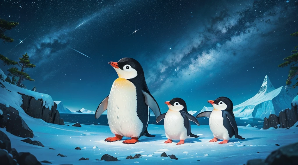 The world of picture books、Cute penguin and his friend penguin、Antarctica Land,A starry sky(Variety of colors,Highest quality,More details More detailasterpiece,Folk crafts,Cinematic Lighting Effects,4K,Chiaroscuro)Adventure together