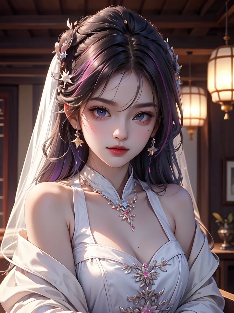 best quality, masterpiece, high resolution, 1 Girl,flirtatious,Seven colored hair,Oily and shiny lips,The transparency of clothes,(Show your shoulders),(chest),detail,(Upper Body),Star-shaped pupil,china hanfu,Hair accessories,necklace, Jewelry,Pretty Face,Above_Body, Tyndall effect,Reality, Dark Studio, Rim Light, Two-tone lighting,(高detail皮肤:1.2), 8K uhd, Digital SLR Camera, Soft lighting, high quality, Volumetric Lighting, frank, photo, high resolution, 4K, 8K, Bokeh