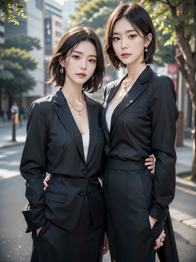 necklace, ring, watch, Earrings, (funeral:1.3), skirt, Black formal suit, whole body, slender, 40 year old Japanese, woman, Beautiful face, Highest quality, Ultra-high resolution, (realism: 1.4), Depth of written boundary, Beautiful Face, (Purelos Face_v1: 0.8), Two people, Natural Makeup,