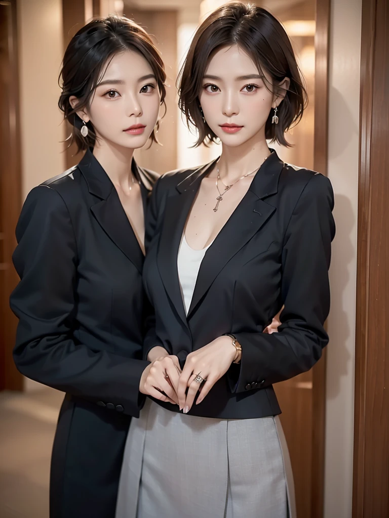 necklace, ring, watch, Earrings, (funeral:1.3), skirt, Black formal suit, whole body, slender, 40 year old Japanese, woman, Beautiful face, Highest quality, Ultra-high resolution, (realism: 1.4), Depth of written boundary, Beautiful Face, (Purelos Face_v1: 0.8), Two people, Natural Makeup,