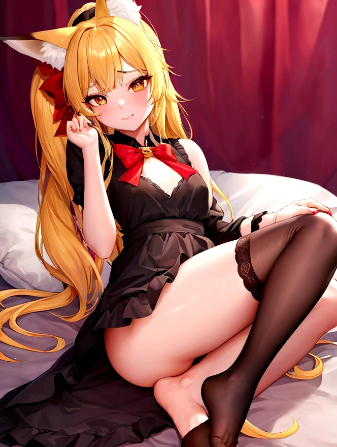 (masterpiece, 최고의 quality) junior,detailed, (beautiful,small breasts), blonde,long hair, side ponytail(tied to the left),Hairpin decoration with gold butterfly, elegant, (fox ears),nine tailed fox tail, red eyeshadow, 금색 eye동자, femur,black pajamas,ruffle pajamas,Bedroom Background,Lying in bed,girl,yandere,Wearing black tights,Wrapping up inside,Open crotch work clear 54% Seat Bot Txt2Img Studio (masterpiece, 최고의 quality),(beautiful_face:1.5),(small_waist),absurd:1.2, Kodak Portrait 400, film grain, blurred background, bokeh:1.2, lens flare, (vibrant_color:1.2),professional photography,(masterpiece:1.0),(best_quality:1.0), ultra high resolution,4K,매우 detailed, photography, 8 thousand, HDR,(chaste_big_eye:1.0),(light_laugh:0.3), official art,매우 detailed CG Unity 8k 벽지, perfect lighting,fancy, bright_front_face_lighting,looking at viewer,(Focus on her face),beautiful Finger,beautiful 긴 legs,beautiful body,beautiful Nose,beautiful character design, perfect eye, perfect face,완벽한 균형 junior,detailed, (beautiful,small breasts), blonde,long hair, side ponytail(tied to the left),Hair band decoration with gold butterfly, elegant, (fox ears),nine tailed fox tail, red eyeshadow, 금색 eye동자, femur,black pajamas,ruffle pajamas,Bedroom Background,Lying in bed,girl,yandere,Wearing black tights,cum in pussy,spred pussy,cum drip