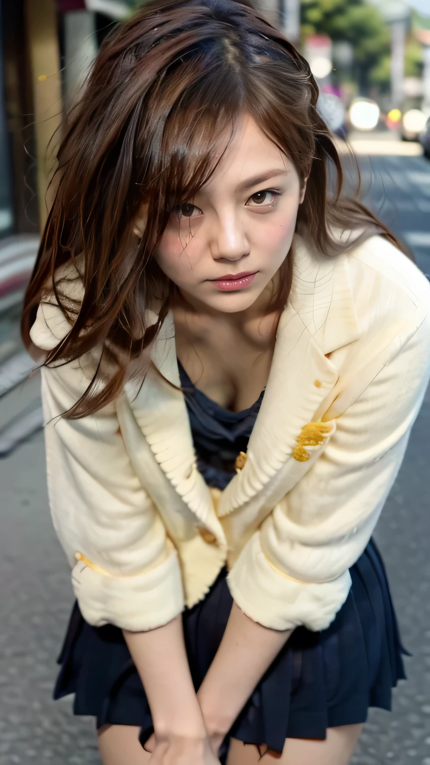 (A high school girl bends down to pick up a bag that was on the ground on a Tokyo street:1.2、blue sky、Cleavage)、((school uniform、blazer、Pleated skirt、Navy blue socks、loafers)、the wind is strong、(Realistic、Like a photograph、Live Action、8K, Realistic, RAW Photos, Best image quality: 1.4), Single-lens reflex camera、RAW Photos, Highest quality, Realistic, Highly detailed CG Unity 8K wallpaper, Written boundary depth, Cinematic Light, Lens flare, Ray Tracing, Realistic background、((ultra high density skin))、 Teenage girl on her way to school,Cute Japanese、(ＹThe buttons on her shirt are undone, exposing a small portion of her bra.:1.4、Big Breasts、The top part of the bra is visible.)、(whole body:1.5)、Super detailed face，avert your eyes:1.1、(Golden inner color hair、Straight Long Hair:1.2、My hair flutters in the wind:1.4)、I like that style、stylish、Very detailed、Pay attention to the details、Perfect outfit、(Sunburned skin)、View from above、Accurate hands、Accurate legs、Detailed hands and fingers、Anatomically correct body、Thin legs、Thin thighs、Large Breasts、Detailed bra