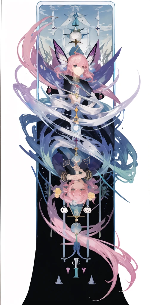 (Golden Ratio:1.2),(Doodle Roses:1.2),(Fault Color:1.3),[(White Background:1.4)::10], (whole body:1.2),(Super detailed:1.3),(Tarot:1.6),(magician (Tarot):1.6),

(paper:1.2),(Fairy:1.6),(Fairy wings:1.2),whole body, Stand in the air,(nice:1.2),(Pink long hair),(Butterfly Hair Ornament),(Flower Hair Ornaments:1.0),((Sandals,rocket)),(Colorful Cocktail Long Dress:1.0)+(Loose sleeve coat :1.3)+(Floating colorful tassels and ribbons :1.2),(White Stockings:1.2),Beautiful shiny pink multicolored hair, (((very long pink hair))), Pink Eyes,(Her eyes sparkle),nice and sexy body, The body is slim, Perfect body,(((Very long bangs))),(((Long bangs))),(((Bangs that cover one eye))),(((long bangs between the eyes,))),

(colorful ink paper flower grow on the face:1.2),(Sea of colorful flowers:1.3),

(Chaotic geometric images:1.3),(Negative Space:0.8),(Drawing Board:1.3),

(Ethereal colorful ink flows:1.3)