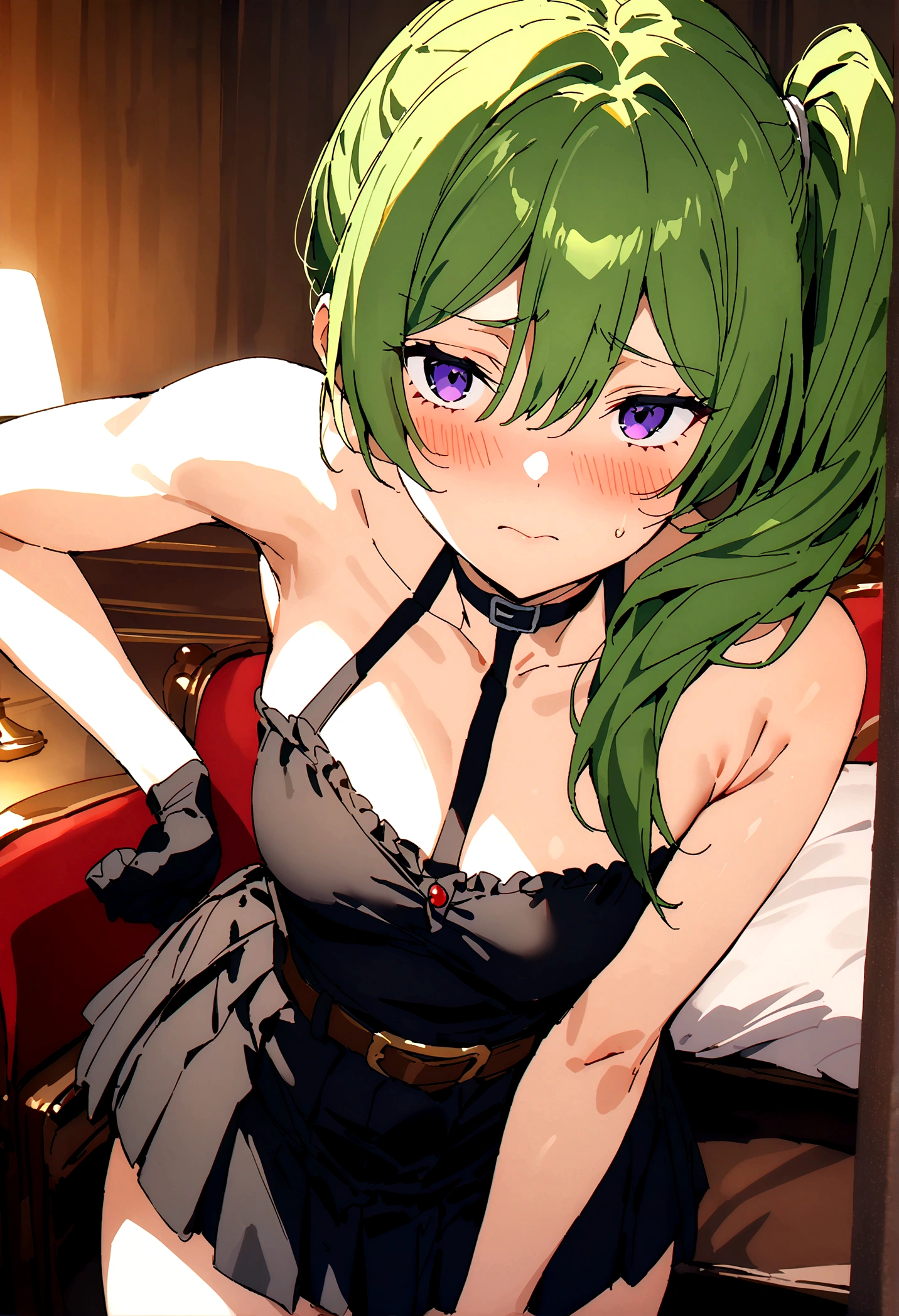 NSFW,masterpiece,Highest quality,High resolution,Super detailed,Uber\(Funeral of Frieren\),Green Hair、bangs、Hair between the eyes、Side Ponytail、Purple Eyes、Black choker、clavicle、No sleeve、Black Dress、No sleeveのドレス、Halter neck、Pleated skirt、Black gloves、belt、Black shoes,Embarrassed,blush,Luxurious Room,pub,Private room,sofa,heart,Sexy pose