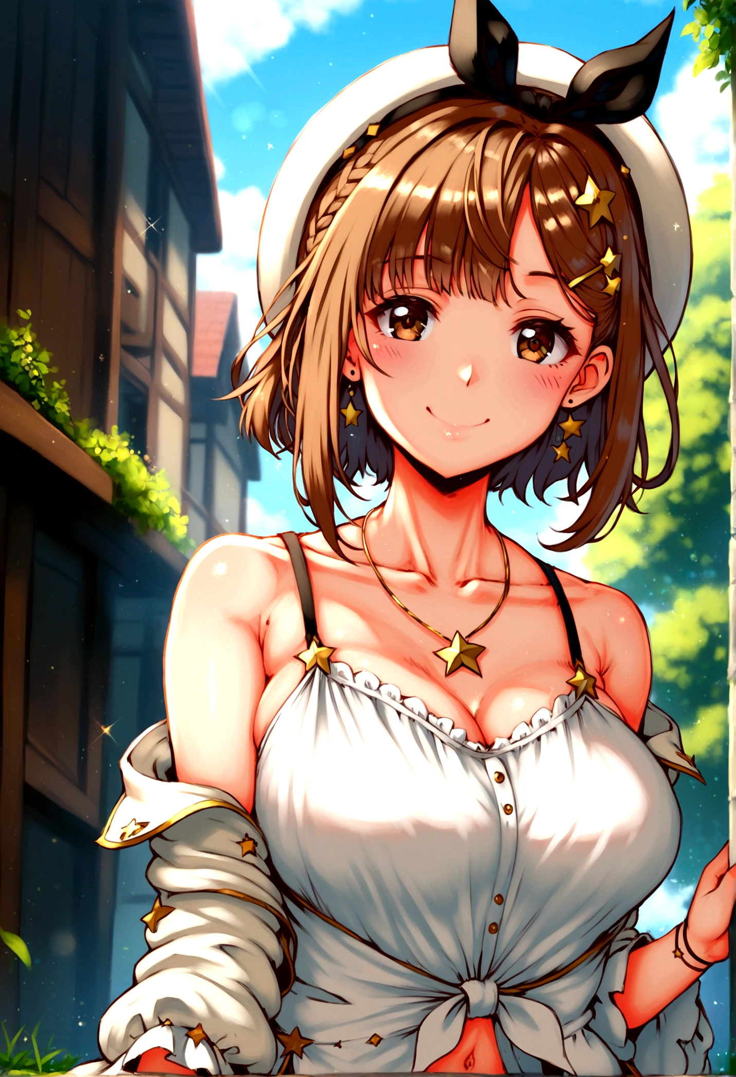 score_9, score_8_up, score_7_up, score_6_up, score_5_up,,rating_safe. BREAK , (from front.from front,below view ,feet focus,standing,straight-on,,(upperbody),looking_at_viewer ,1girl, ryza,brown hair, hat, jewelry, necklace, short hair, hair ornament, brown eyes, hairclip, large breasts, smile, star necklace, star \(symbol\), white headwear, collarbone, upper body, blurry, outdoors, medium breasts, full body, looking at viewer, outdoors, solo, days, smile, (masterpiece), (best quality), (ultra-detailed), illustration, perfect composition, intricate details, moist skin, intricate details, HDR, bokeh,
