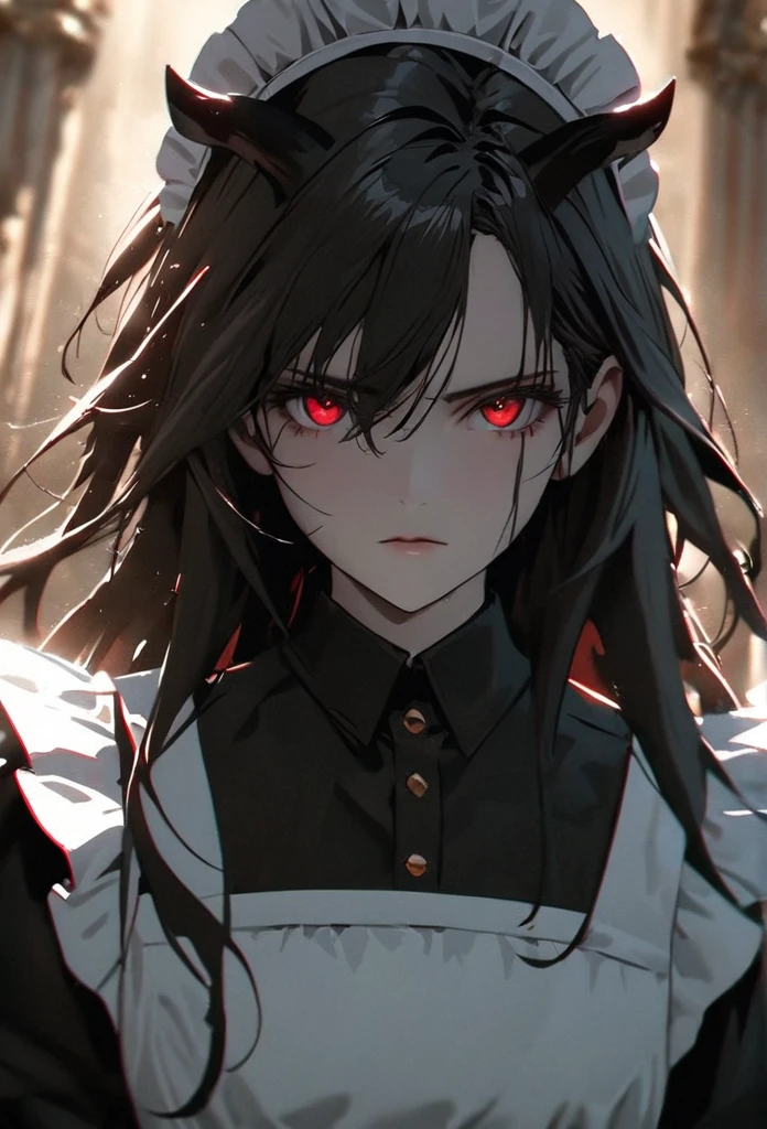 (solo), black hair, messy hair, mane hair, long hair, dense hair, wild hair, expressive hair, mature,(25 year old), pale skin, red eyes, ((woman)), maid,maid headdress,looking at viewer,apron, black dragon horns,, serious, black dragon wings, beautiful, attractive, eye reflection, depth of field, thunder aura,cinematic lighting, ray tracing, depth of field, cinematic lighting, ray tracing, UHD, high details, best quality, highres, high quality, award winning, super detail, masterpiece, 8k, UHD, high details, best quality, highres, high quality, award winning, super detail, masterpiece, 8k, digital art, anime coloring, full body, body shot, good face, perfect face, detailed face, good eyes, sitting on a throne