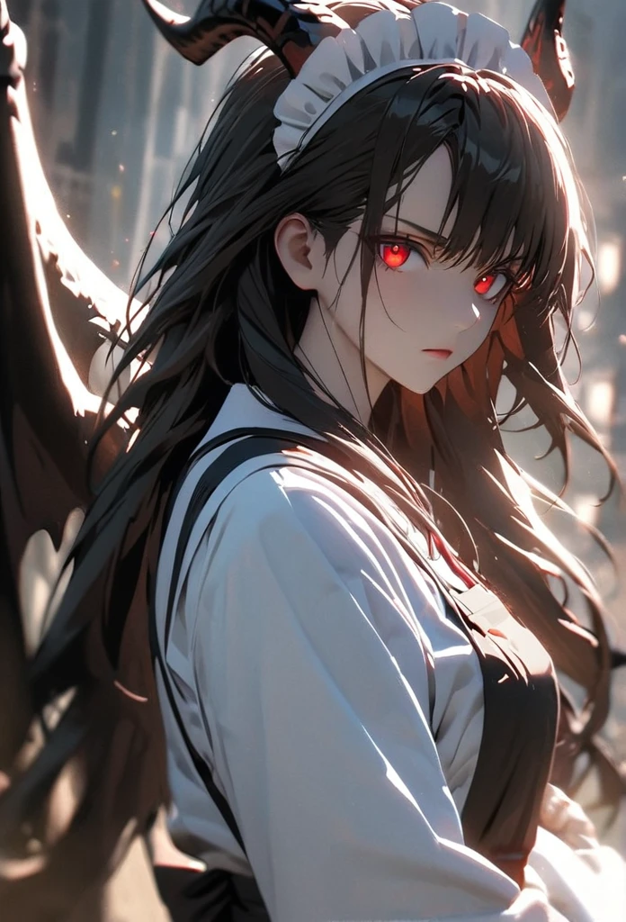 (solo), black hair, messy hair, mane hair, long hair, dense hair, wild hair, expressive hair, mature,(25 year old), pale skin, red eyes, ((woman)), maid,maid headdress,looking at viewer,apron, black dragon horns,, serious, black dragon wings, beautiful, attractive, eye reflection, depth of field, thunder aura,cinematic lighting, ray tracing, depth of field, cinematic lighting, ray tracing, UHD, high details, best quality, highres, high quality, award winning, super detail, masterpiece, 8k, UHD, high details, best quality, highres, high quality, award winning, super detail, masterpiece, 8k, digital art, anime coloring, full body, body shot, good face, perfect face, detailed face, good eyes, sitting on a throne